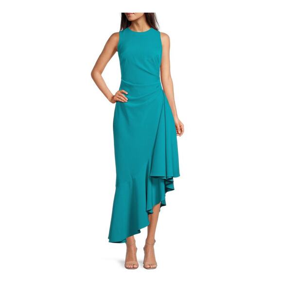 Eliza J Teal Blue Side Ruched Asymmetrical Hem Maxi Dress Sz.12 NWT - Picture 1 of 15